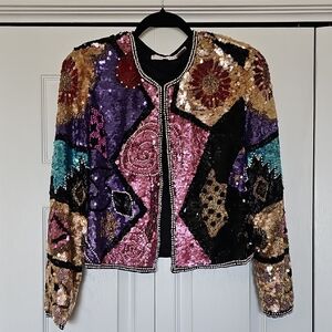 Oleg CASSINI Black TIE silk Multicolor Sequin Women's Jacket Size Large